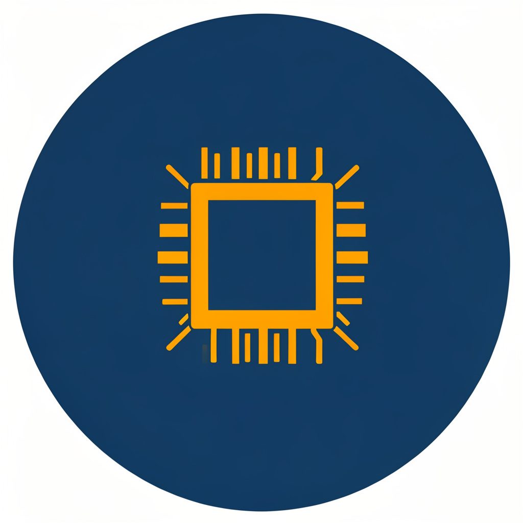 Icono vectorial circular en azul marino y dorado de una placa de circuito con chip