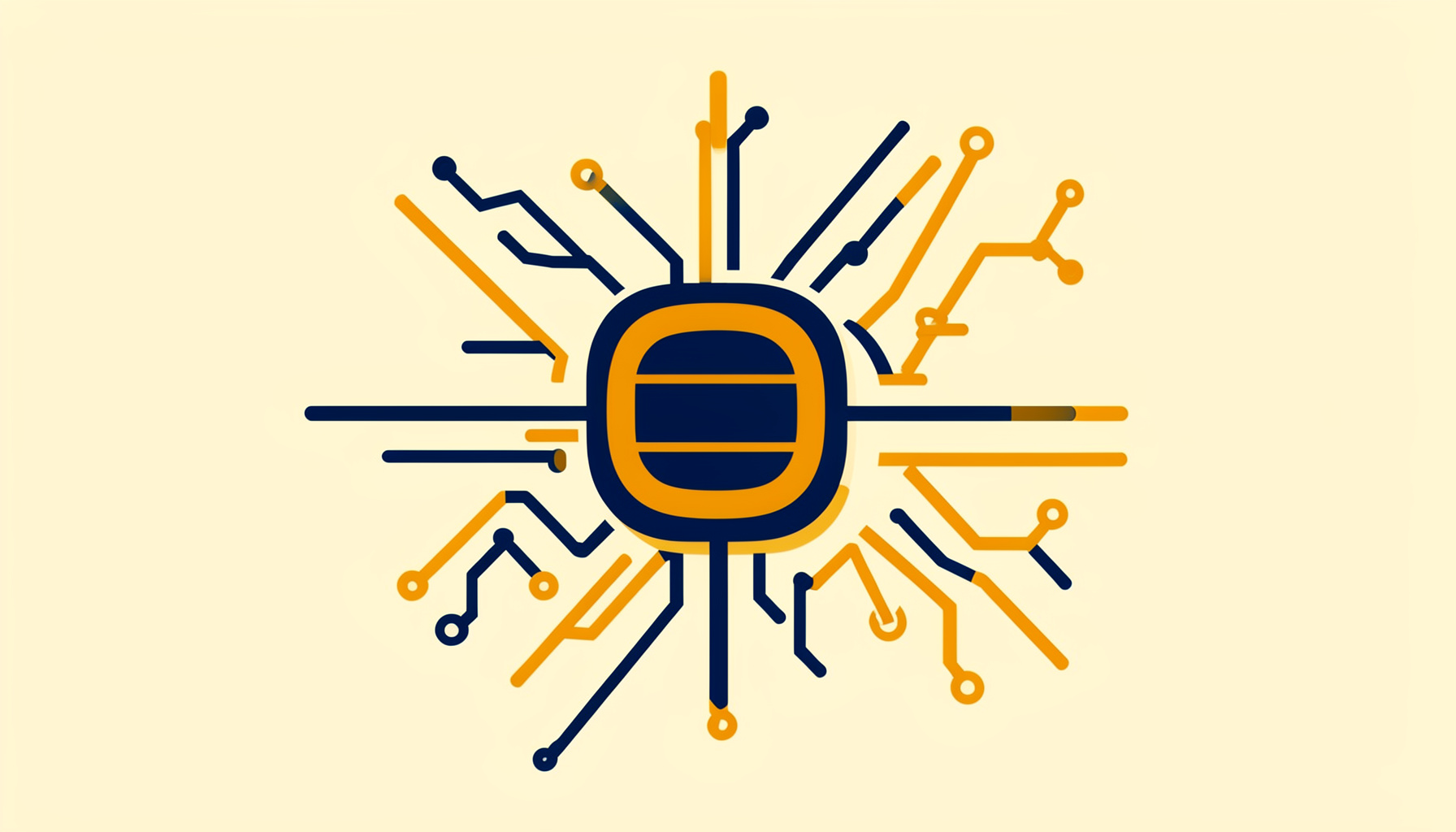 Ilustración vectorial plana en tonos azul marino y dorado con líneas de circuito, símbolos de corriente alterna y una bobina estilizada sobre fondo crema