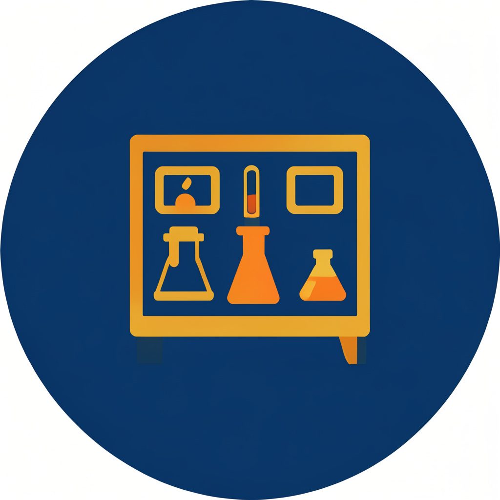 Icono vectorial circular en azul marino y dorado de un panel de banco de laboratorio con medidores
