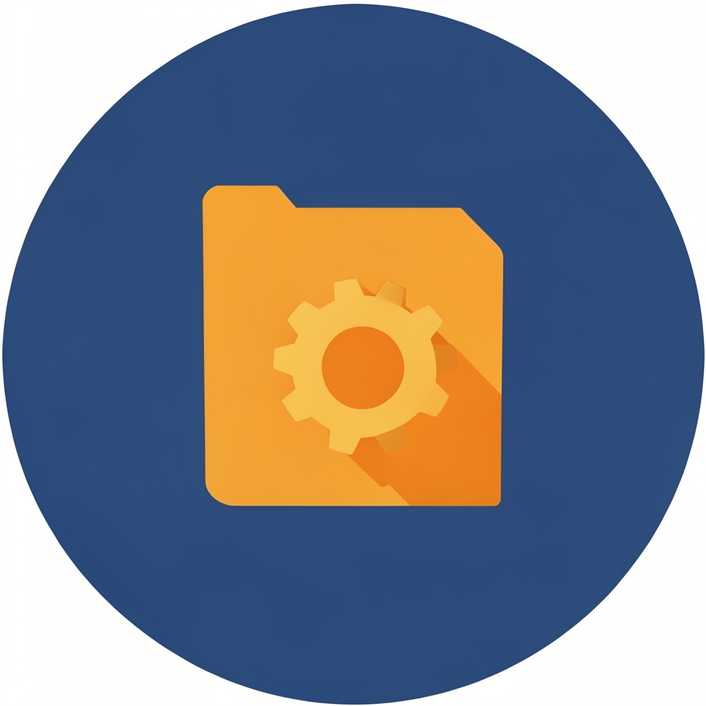 Icono vectorial circular en azul marino y dorado de una carpeta de documentos con un engranaje