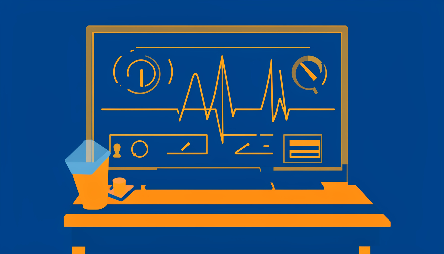 Ilustración vectorial plana con fondo azul marino y trazos dorados que evocan un panel de instrumentos eléctricos y ondas de corriente alterna sobre un escritorio de trabajo académico.