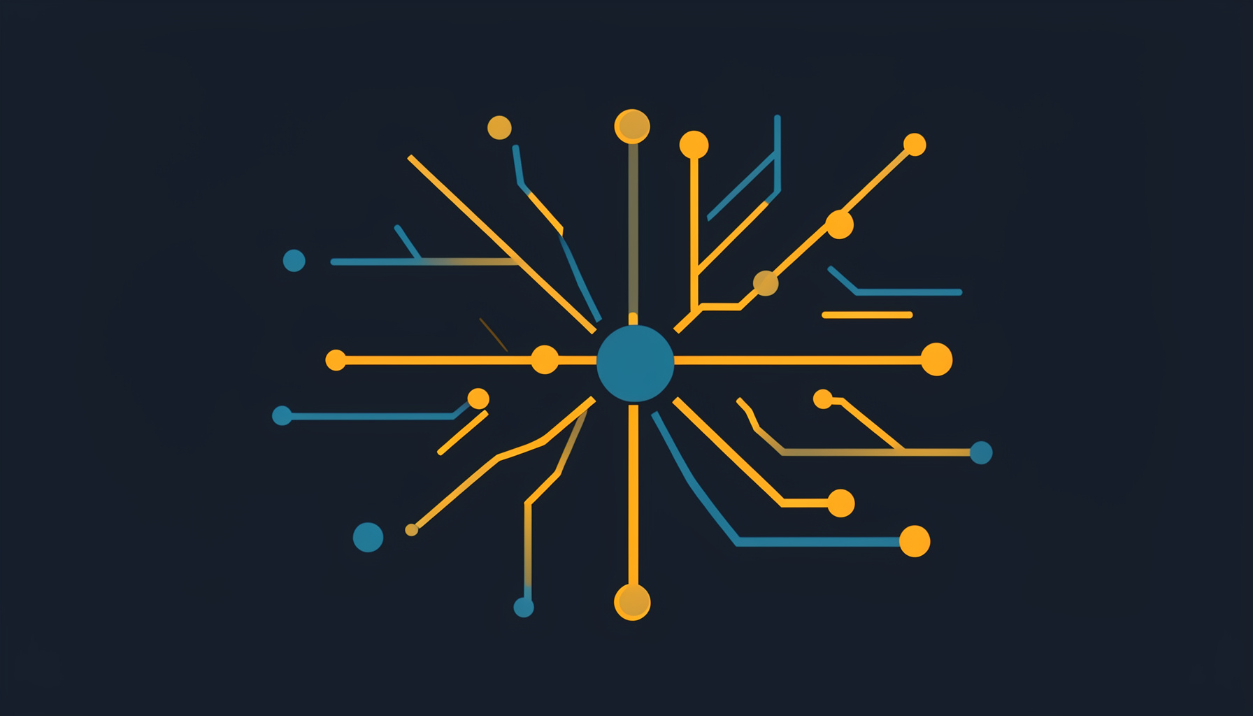 Ilustración vectorial plana de un circuito eléctrico estilizado con líneas y nodos en tonos azul marino y dorado sobre fondo oscuro