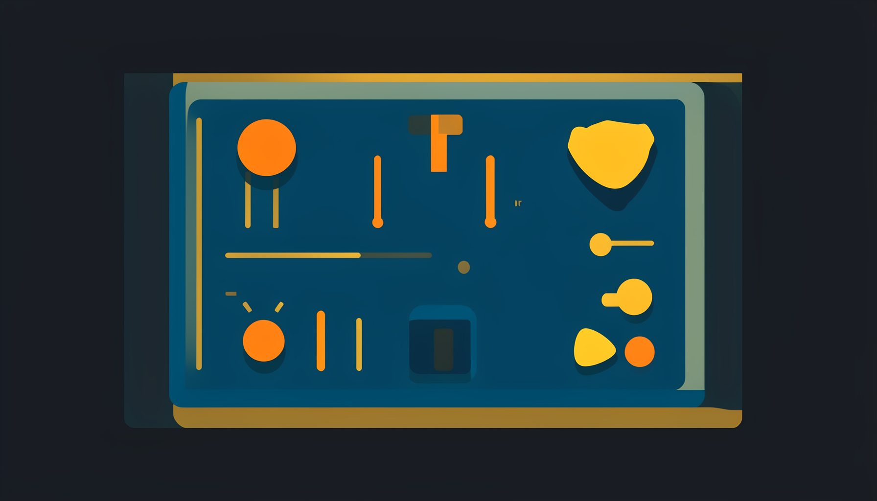 Ilustración vectorial plana de un panel de instrumentos eléctrico en tonos azul marino y dorado sobre fondo oscuro, evocando instrumentación de laboratorio