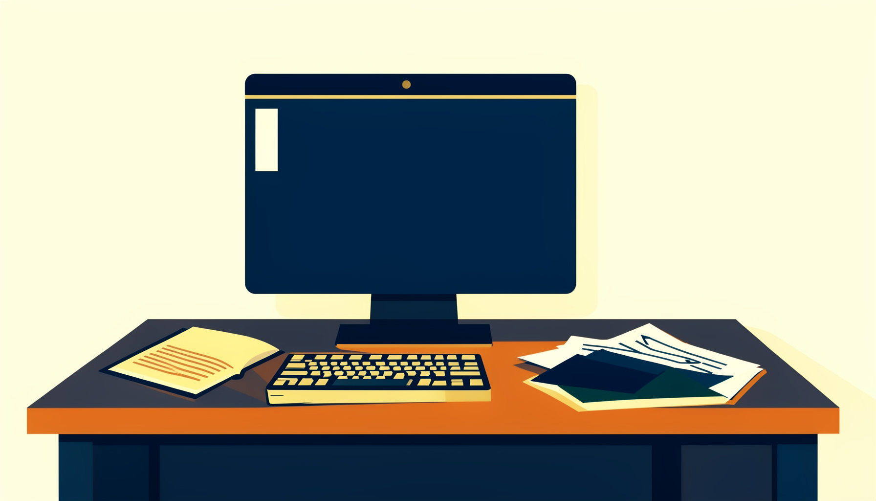 Ilustración vectorial plana de un escritorio con un ordenador, un libro abierto y documentos, en tonos azul marino, dorado y crema