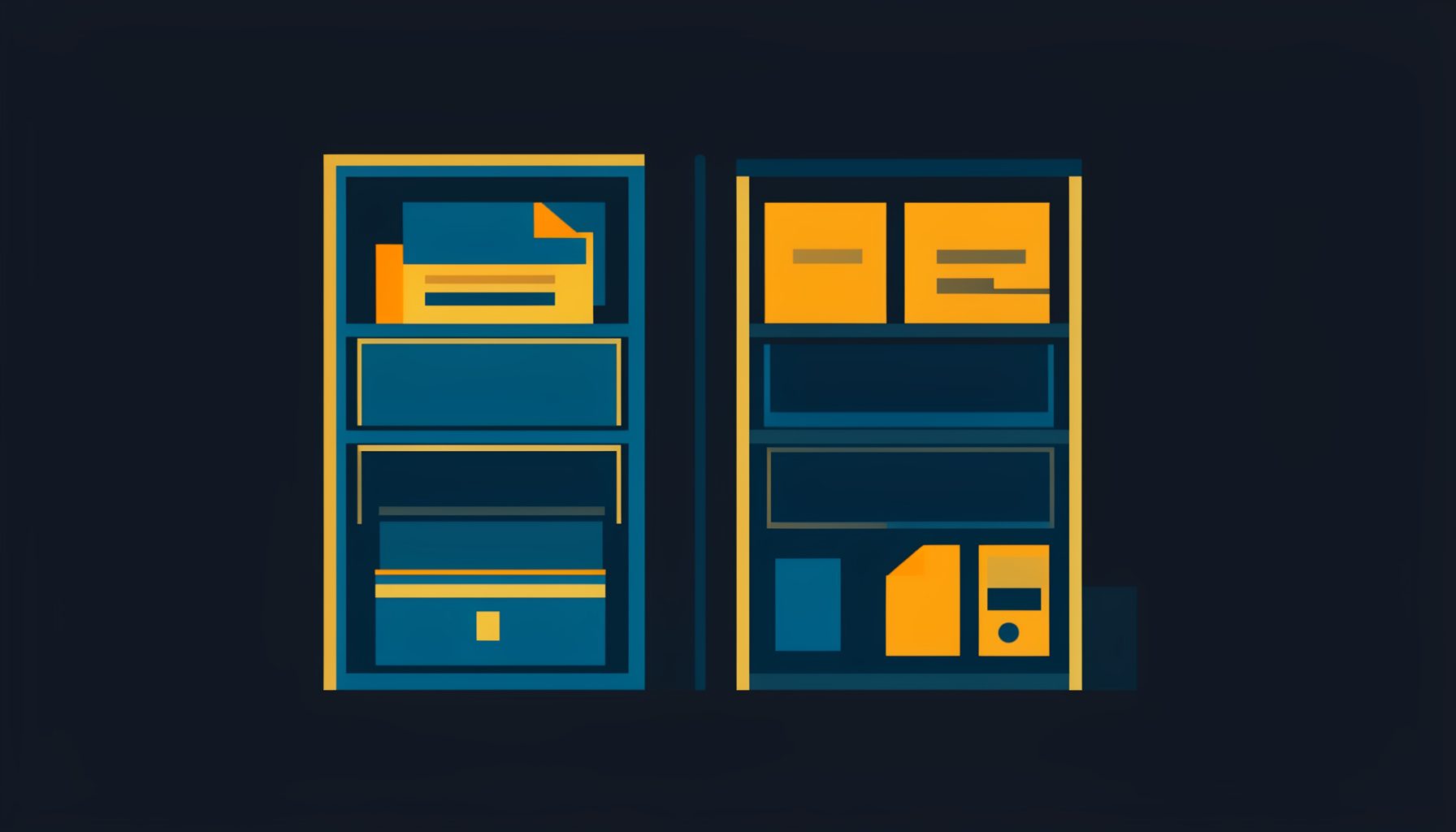 Ilustración vectorial plana de archivadores y documentos académicos en tonos azul marino y dorado sobre fondo oscuro