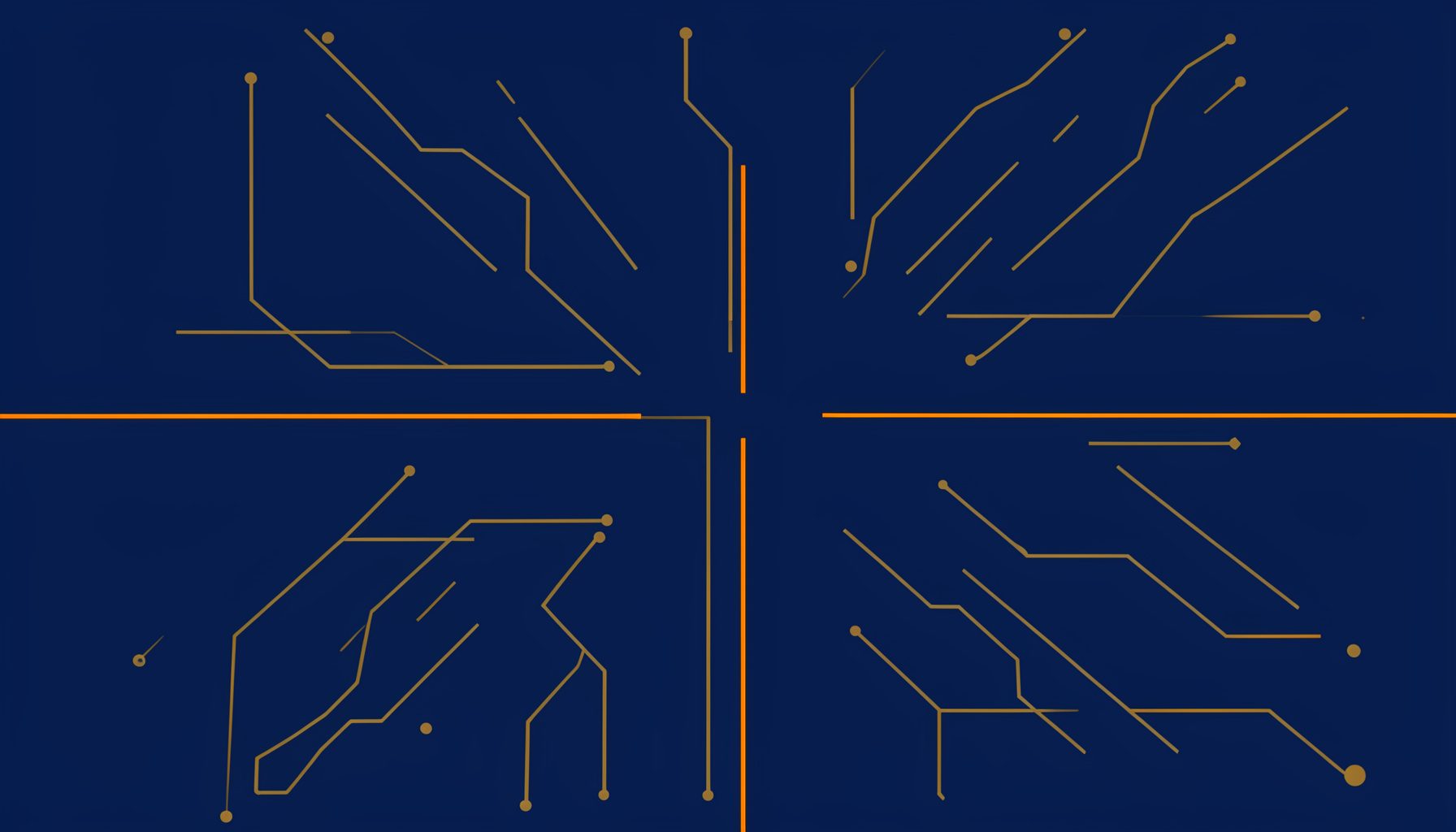 Fondo vectorial plano en azul marino con tenues líneas de circuito eléctrico en dorado sobre tono nocturno y atmósfera técnica